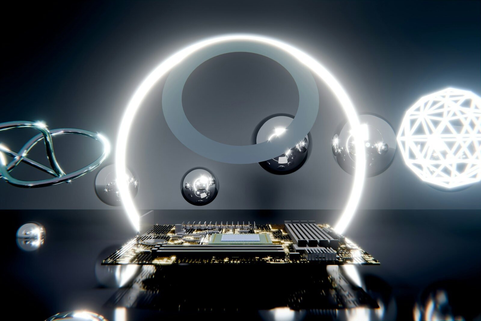 Circuit board surrounded by glowing ring, spheres, and molecular structures.