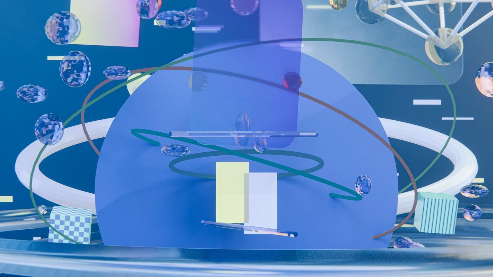 Abstract blue dome with geometric shapes and crystalline elements.