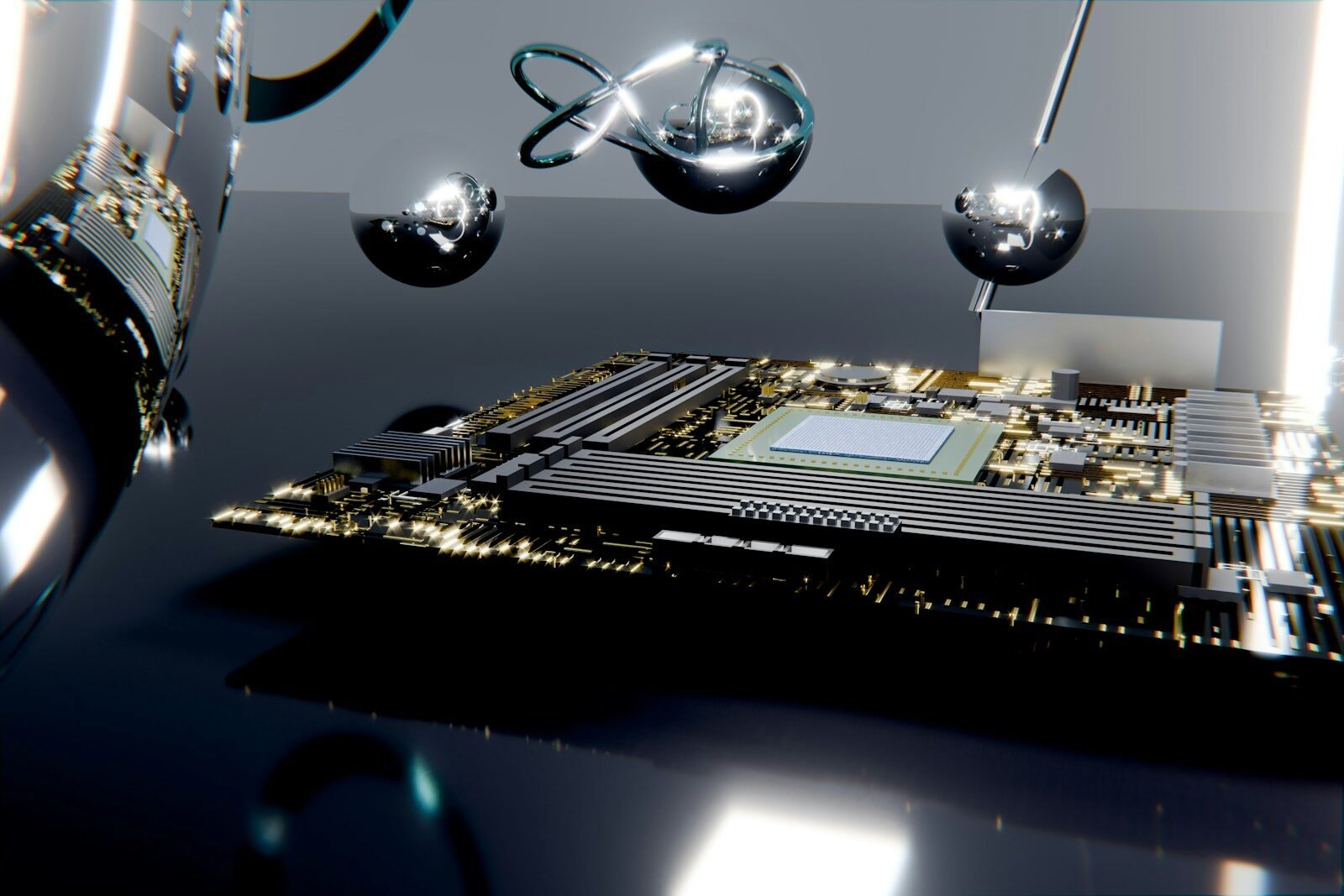 A computer motherboard with shiny metallic spheres