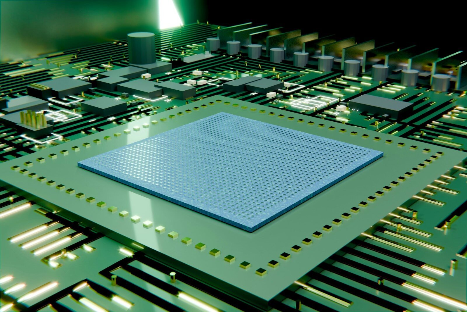 A microchip mounted on a green circuit board